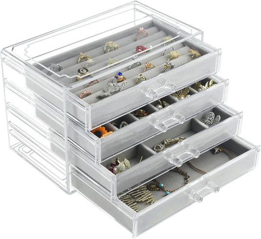 Acrylic Jewelry Organizer, Clear Jewelry Box with 4 Drawers, Jewelry Case Storage for Women (Gray)
