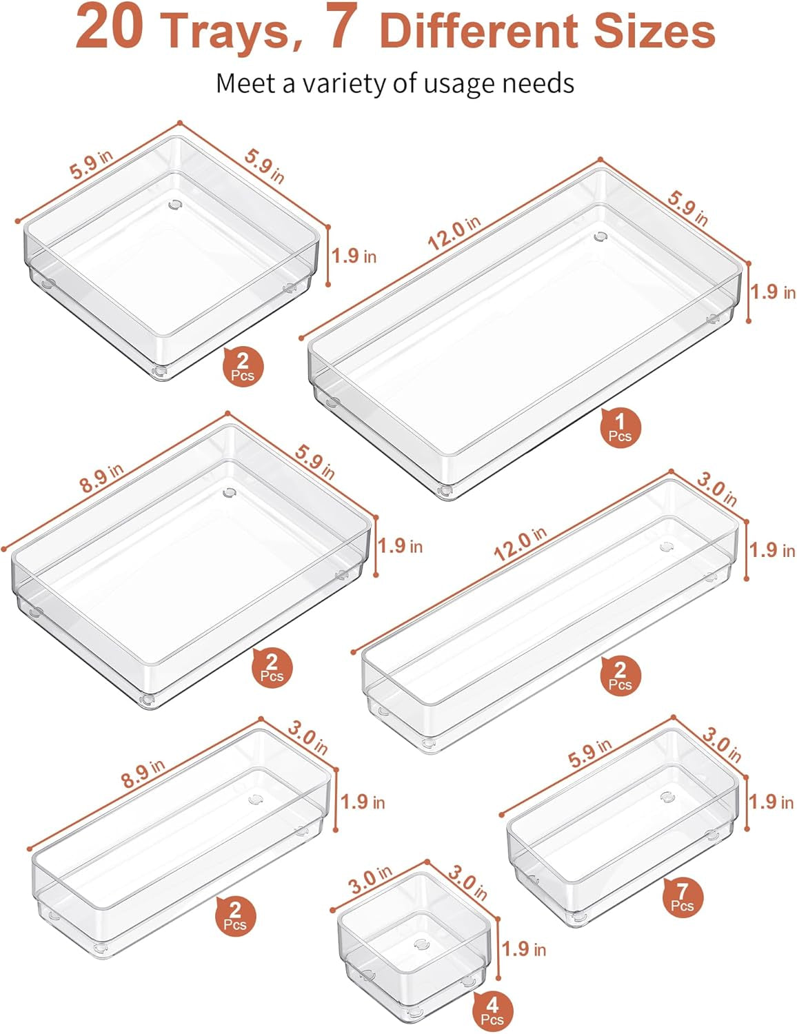 20-Piece Drawer Organizer with Non-Slip Silicone Pads, 7-Size Desk Drawer Organizer Trays Storage Tray for Makeup, Jewelries, Utensils in Bedroom Dresser, Office and Kitchen (Clear)