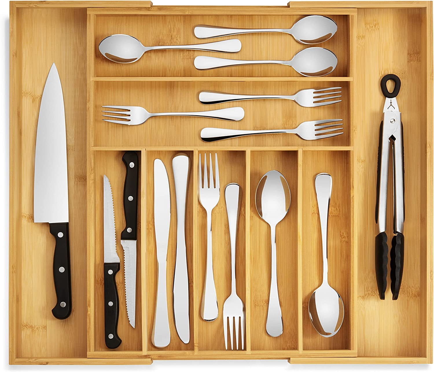 Bamboo Drawer Organizer - Expandable Silverware Organizer & Utensil Drawer Organizer, Cutlery Tray with Dividers, 7-9 Slots- Kitchen Organizer for Utensils & Flatware (Natural)
