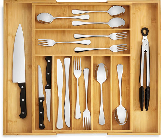 Bamboo Drawer Organizer - Expandable Silverware Organizer & Utensil Drawer Organizer, Cutlery Tray with Dividers, 7-9 Slots- Kitchen Organizer for Utensils & Flatware (Natural)