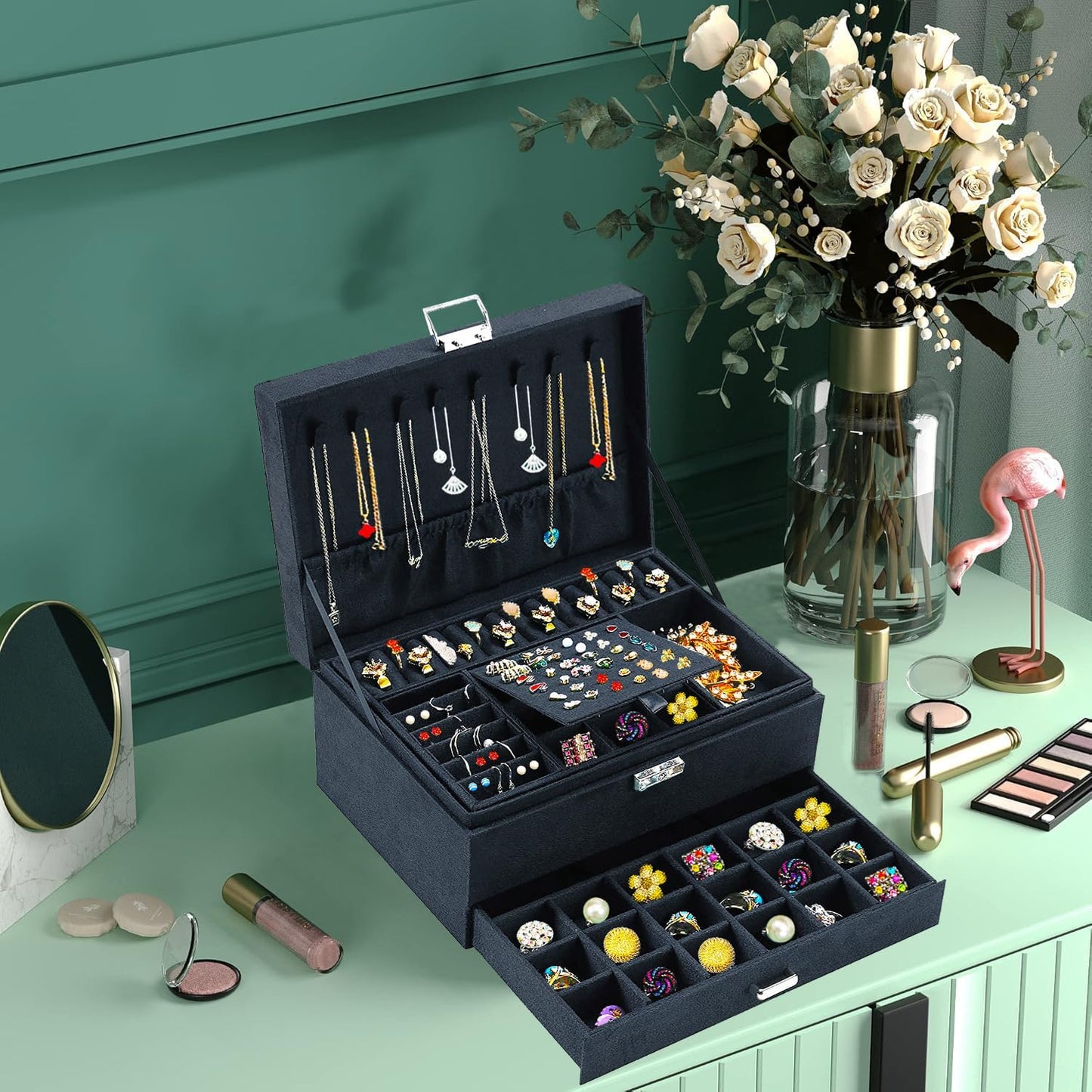 Jewelry Box for Women with Drawer, 3-Layer Large Jewelry Organizer with Lock & Key, 8 Necklace Hooks & 56 Earring Holes, Black Velvet Jewelry Storage Box for Necklaces Earrings Rings Bracelets