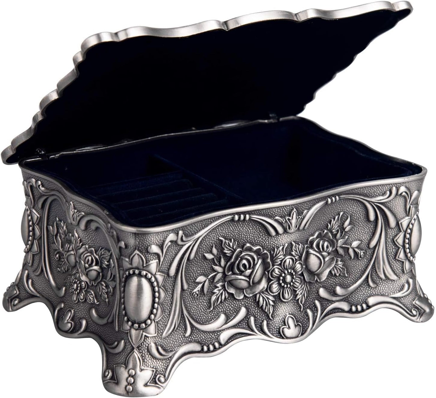 Vintage Trinket Jewelry Box Treasure Organizer Keepsake Box Ornate Antique Finish Engraved with 2 Layers Dividers inside (Pewter)