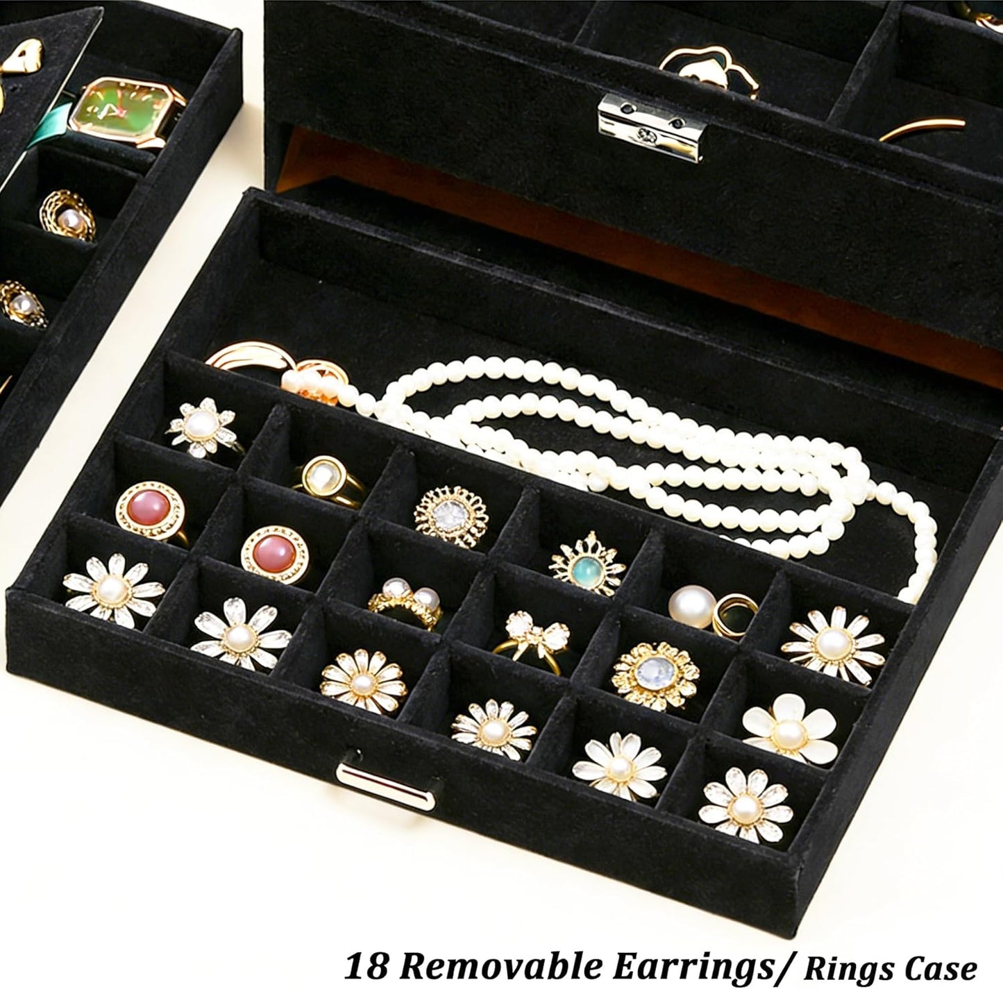 Jewelry Box for Women with Drawer, 3-Layer Large Jewelry Organizer with Lock & Key, 8 Necklace Hooks & 56 Earring Holes, Black Velvet Jewelry Storage Box for Necklaces Earrings Rings Bracelets