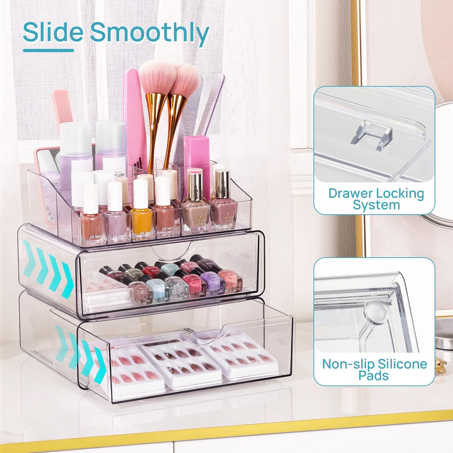 4 Tier Clear Makeup Organizer with Drawer, Plastic Cosmetic Storage, Beauty Holder