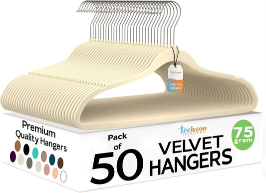 50 Pack New Premium Quality Velvet Hangers Ultra Thin Non Slip Adult Felt Space Saving Hangers for Closet Heavy Duty Coat Pants Jackets Dress Hangers 360° Swivel Hook Hold Upto 10 Lbs Ivory