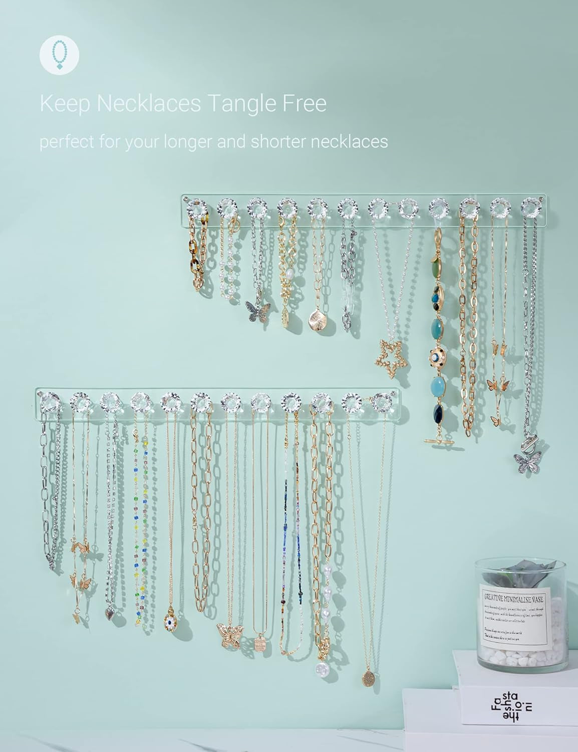 4 Pack Acrylic Necklaces Holder Hanging Jewelry Organizer Wall Mounted Necklace Hangers with 12 Hooks, Clear Jewelry Hangers for Necklace Organizer for Girls Women, Necklace Storage Organizer
