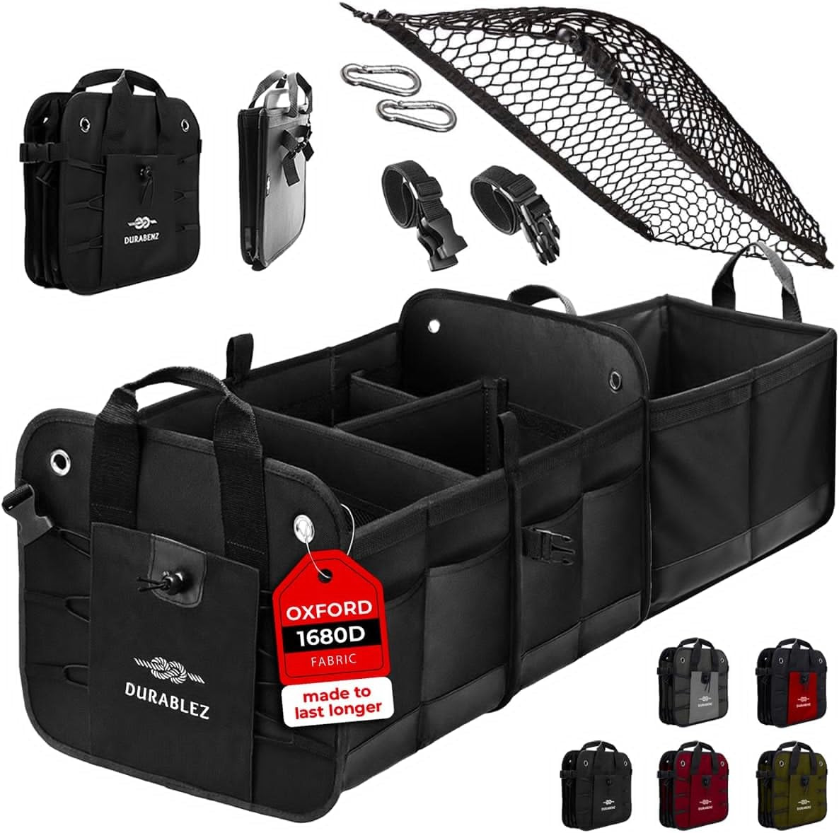 3-Section Car Trunk Organizer XL – Large Modular Auto Storage Bin, Foldable Multi-Compartment Cargo Organizer for Car Trunk, Heavy Duty 1680D Design – Black
