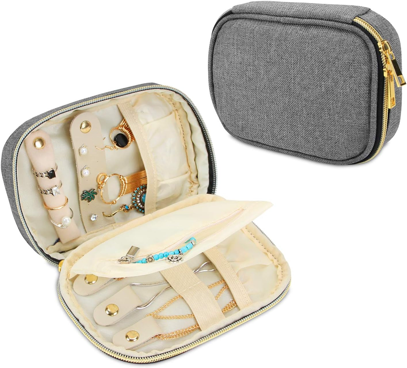 Small Jewelry Travel Case, Portable Jewelry Organizer Bag for Earrings, Necklace, Rings and More, Small, Gray-(Bag Only)