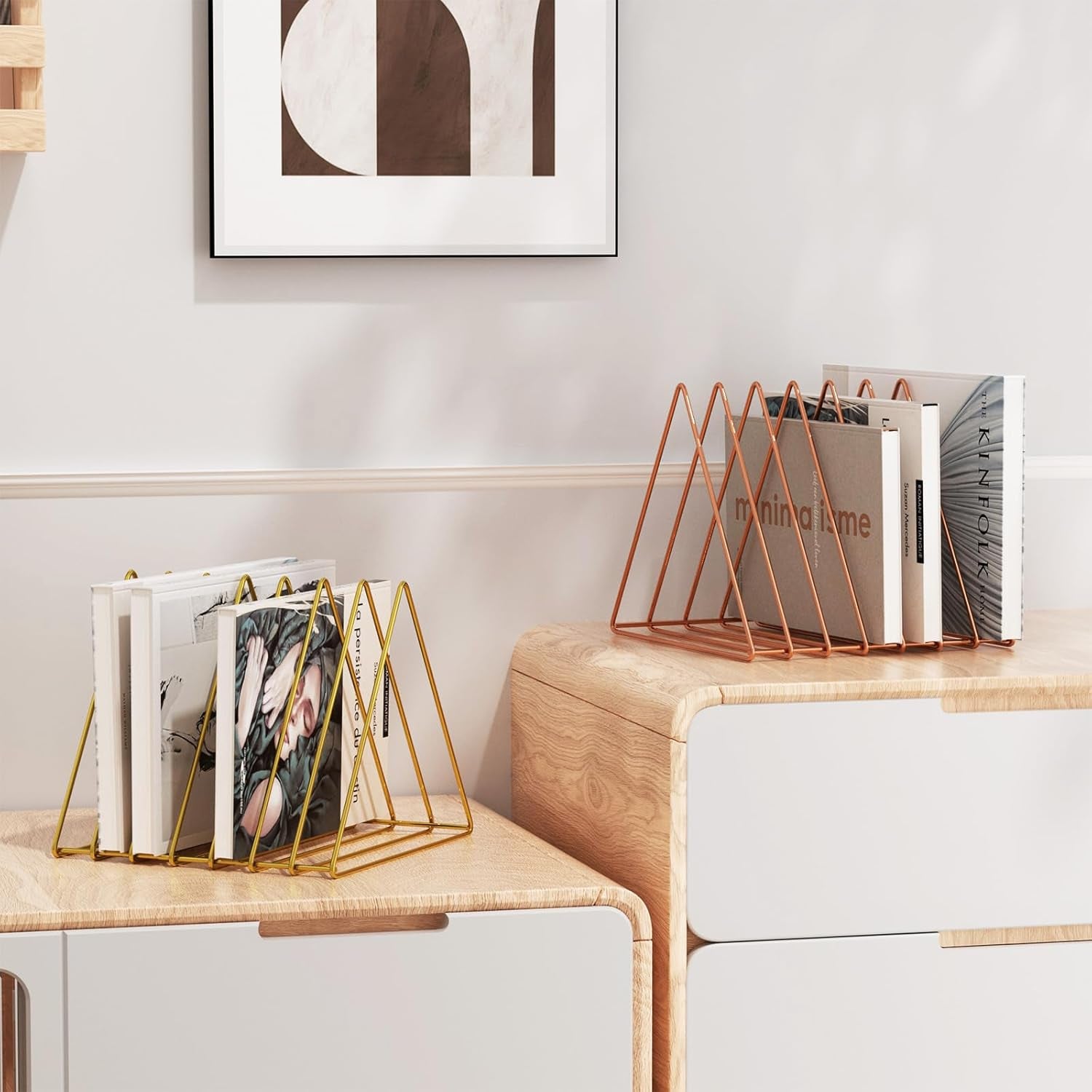 Triangle Desk Organizers Metal Wire Magazine Holder 7 Sections Decorative File Folder Organizer Vinyl Record Storage Office for Desk - Gold Magazine File Holder - Pack of 2