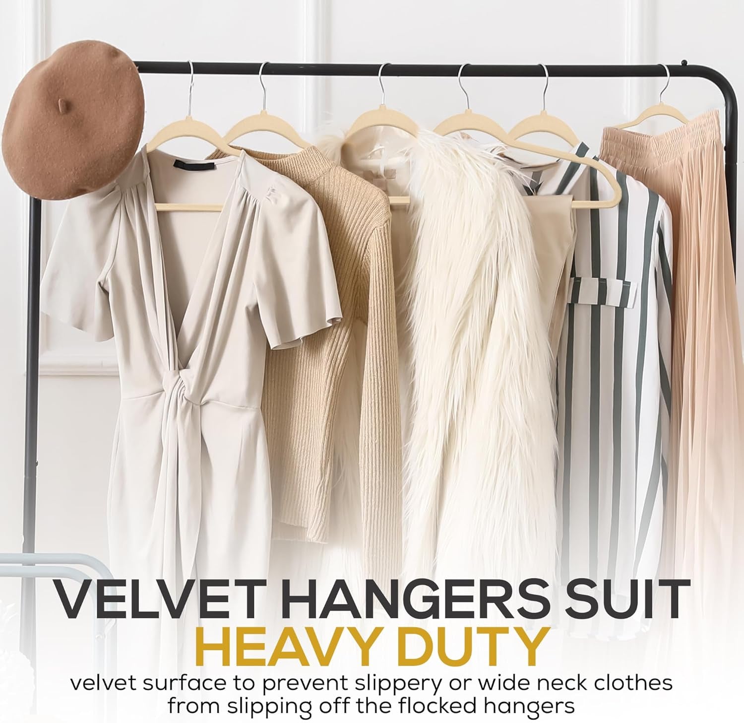 50 Pack New Premium Quality Velvet Hangers Ultra Thin Non Slip Adult Felt Space Saving Hangers for Closet Heavy Duty Coat Pants Jackets Dress Hangers 360° Swivel Hook Hold Upto 10 Lbs Ivory