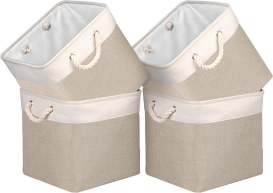 Fabric Storage Cubes 12 Inch Cube Storage Bins with Rope Handles, Storage Baskets Cubes Organizer for Home Shelf Closet (White&Beige Brown , 4-Pack)