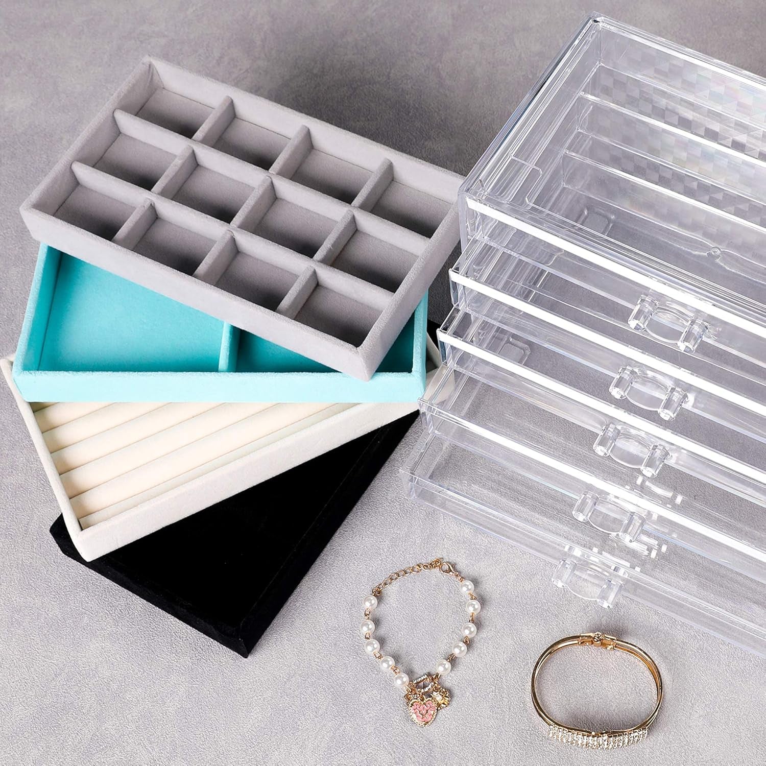 Extra Large Acrylic Jewelry Box for Women Girls 5 Layers Clear Velvet Earring Organizer with 5 Drawers Rings Display Case Necklaces Holder Tray (Beige)