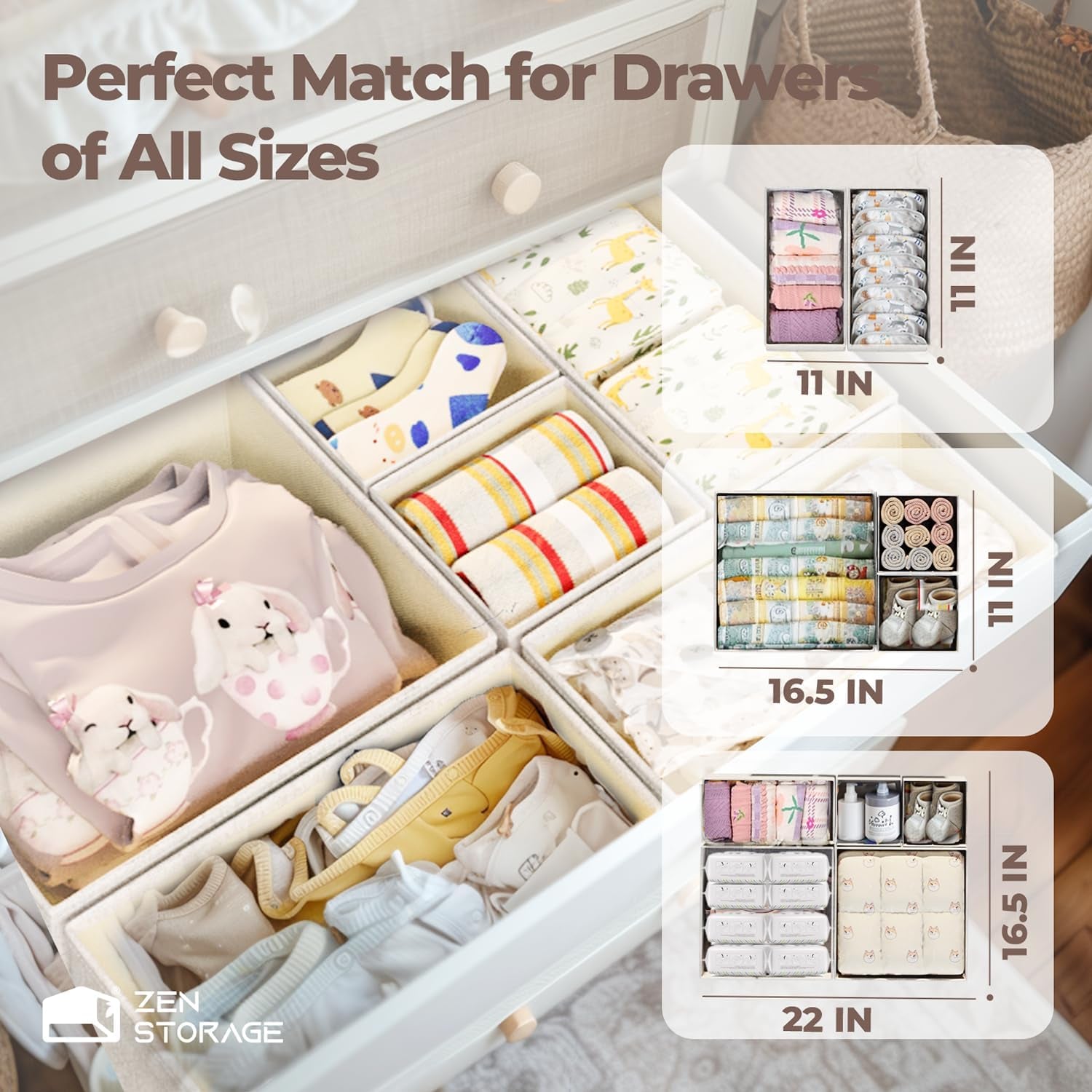 Linen Drawer Organizers for Nursery, Dresser & Closet (12-Pack) – Sturdy, Collapsible Nursery & Dresser Dividers for Baby Clothes, Socks, Underwear & Essentials – Multi-Size Set, Beige