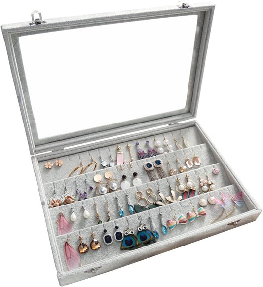 Velvet Jewelry Organizer Clear Lid Earring Holder Organizer 32 Pairs Earrings Storage Stud Tray Showcase Display Case（Earring Storage）