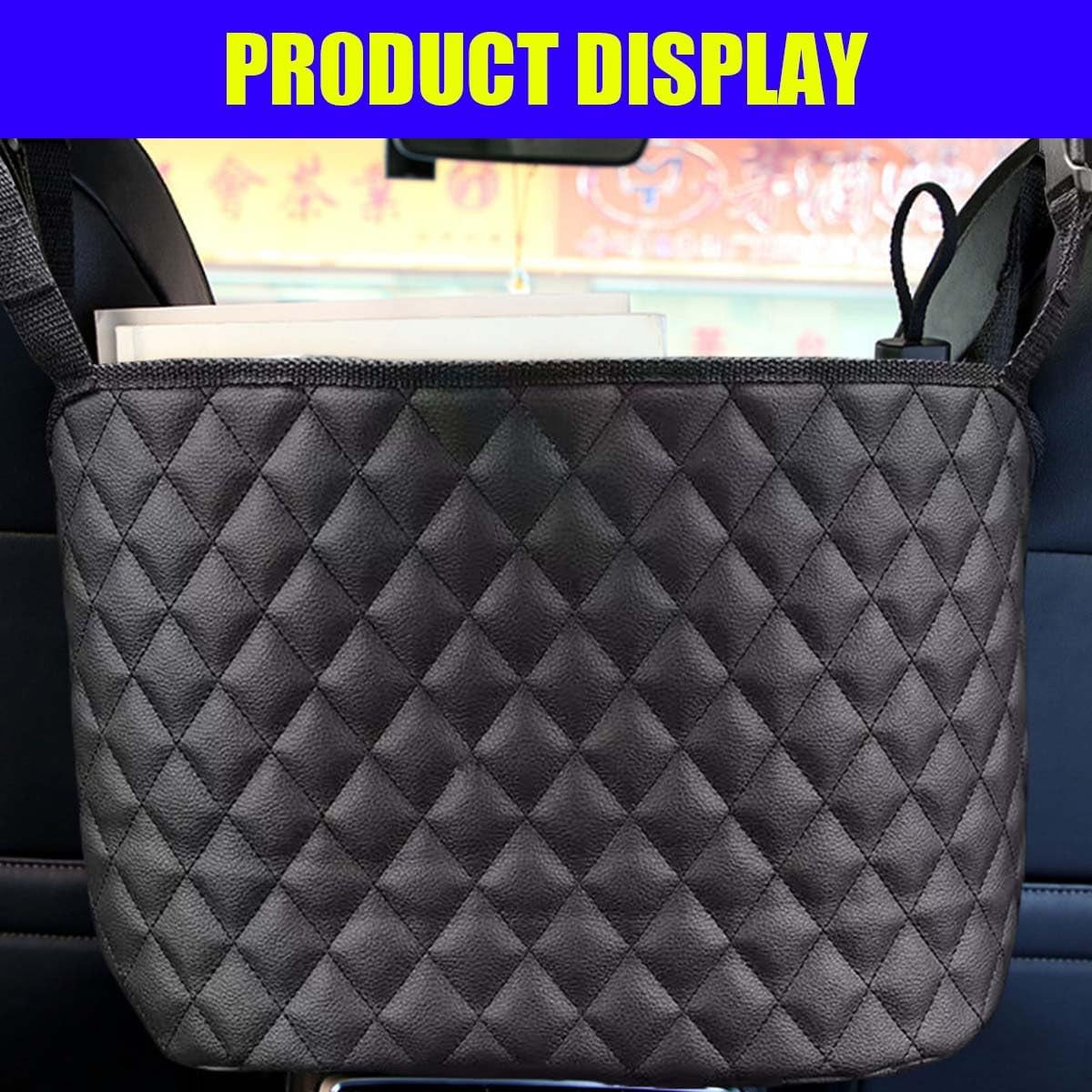 Car Net Pocket Handbag Holder between Seats, Large Capacity Storage Bag for Front Seats, Leather Car Organizer Backseat Barrier for Kids Pet, Handbag Organizer Pocket Car Console Purse Holder
