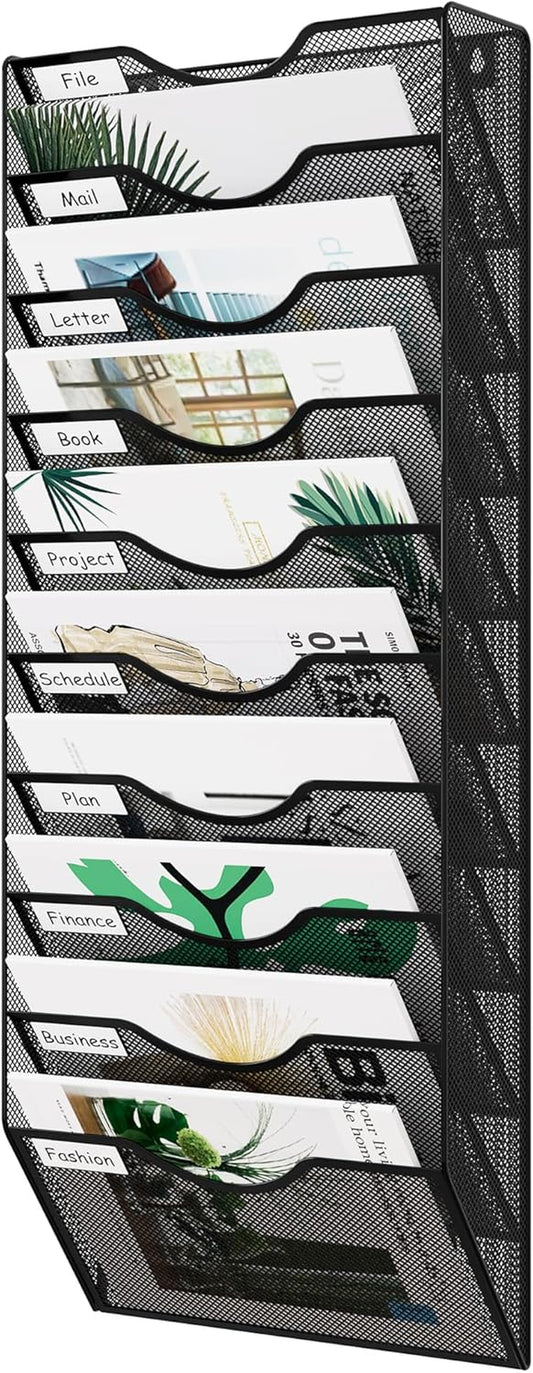10 Pocket Mesh Wall File Organizer, Hanging Paper Folder Holder with Classify Label, Vertical Wall Mount Mail Organizer for Office Home Classroom, Black