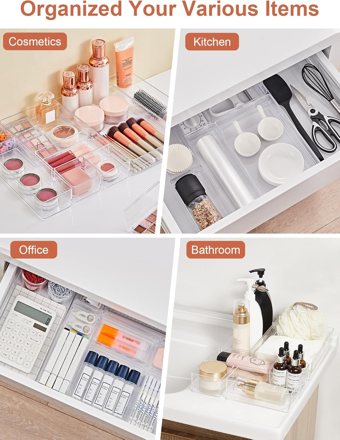 20-Piece Drawer Organizer with Non-Slip Silicone Pads, 7-Size Desk Drawer Organizer Trays Storage Tray for Makeup, Jewelries, Utensils in Bedroom Dresser, Office and Kitchen (Clear)