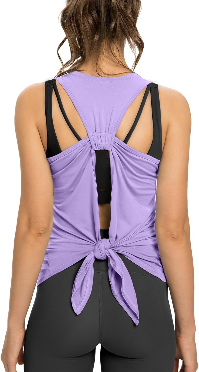 Women’S Open Back Yoga Tank Top Tie Back Sleeveless Workout Shirt Backless Athletic Activewear