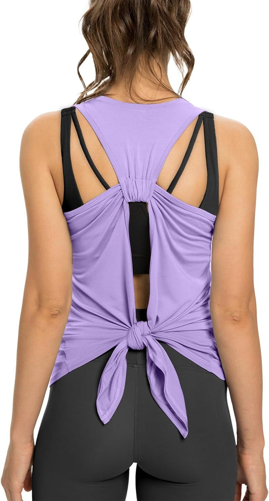 Women’S Open Back Yoga Tank Top Tie Back Sleeveless Workout Shirt Backless Athletic Activewear