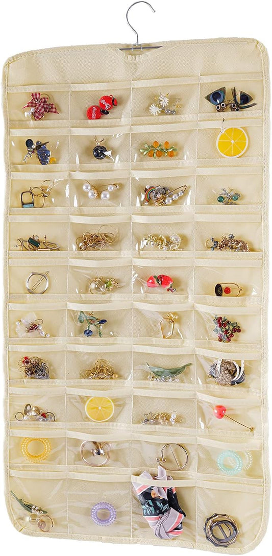 Hanging Jewelry Organizer, Double Sided 80 Pocket Chain Storage Bag - Modern Beige