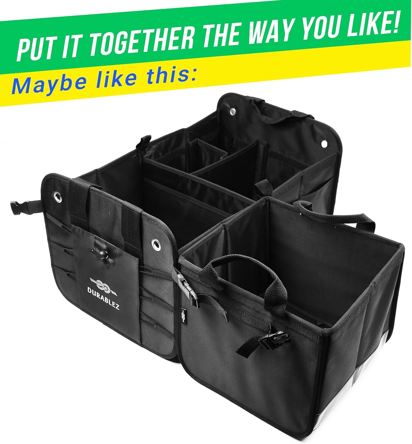 3-Section Car Trunk Organizer XL – Large Modular Auto Storage Bin, Foldable Multi-Compartment Cargo Organizer for Car Trunk, Heavy Duty 1680D Design – Black