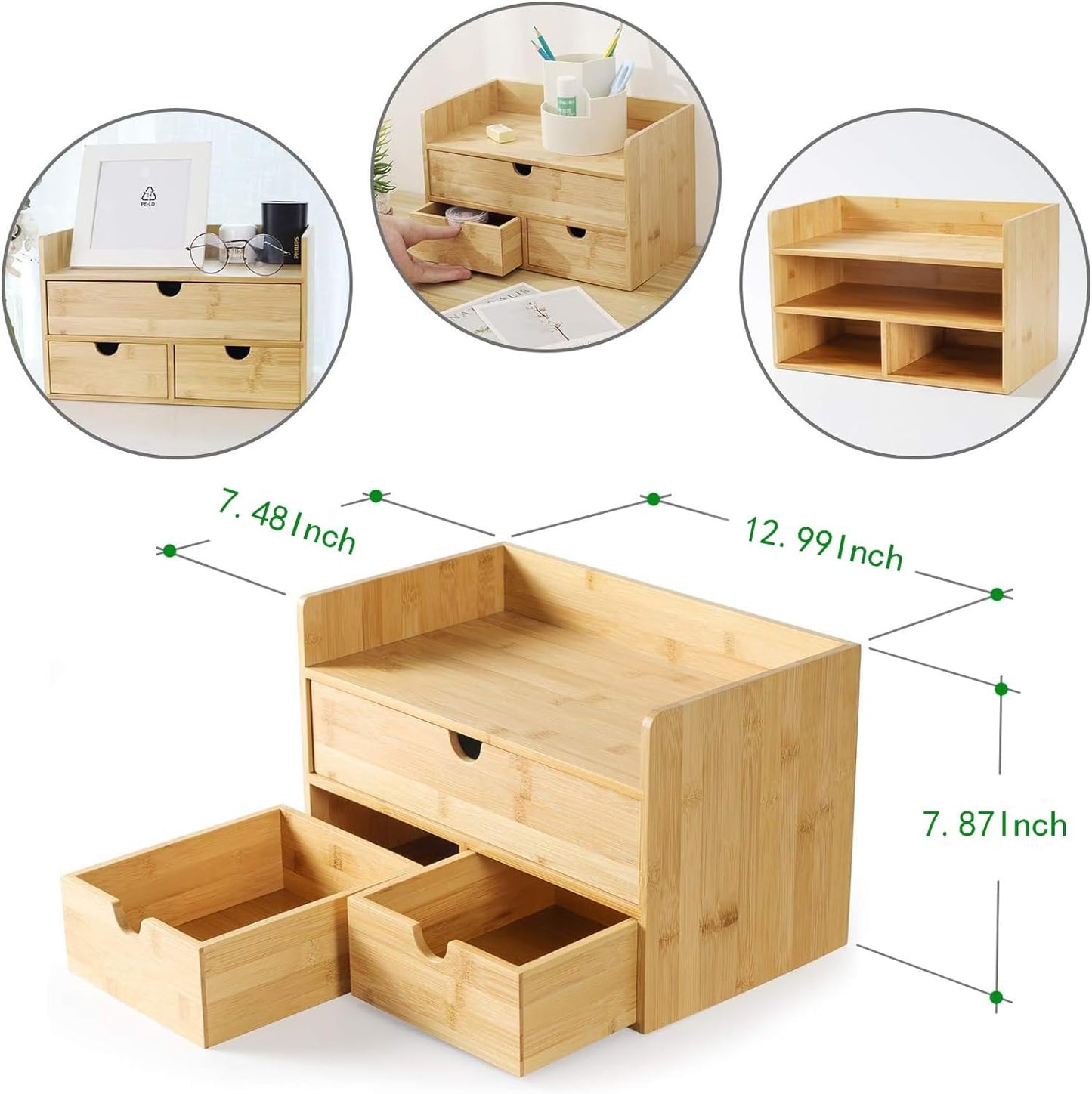 Bamboo Desk Drawer Organizer, Desktop Organizer with Drawers Tabletop Storage Organization Box for Office Home Toiletries Supplies Vanity, No Assembly Required(1 with Shelf-3 Drawers)
