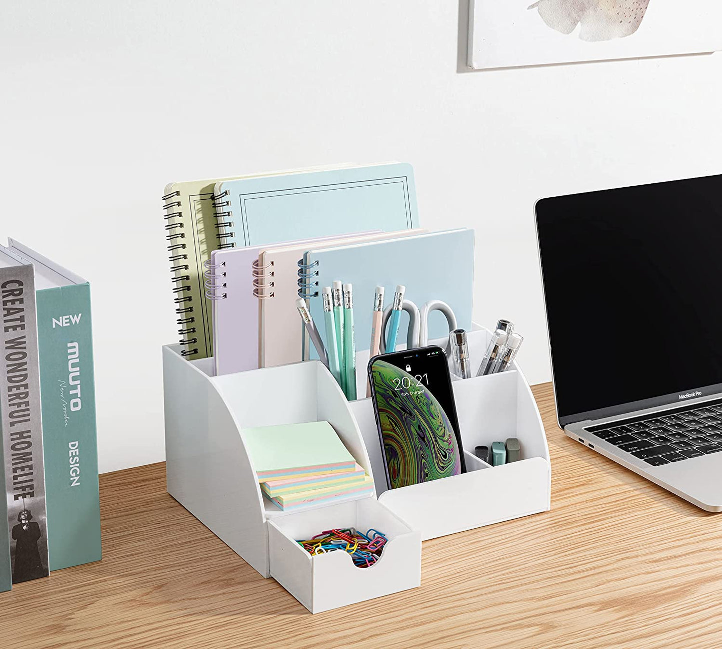 White Desktop Organizer - 9 Compartment Office Desk Accessories Organizer - Pen Holder