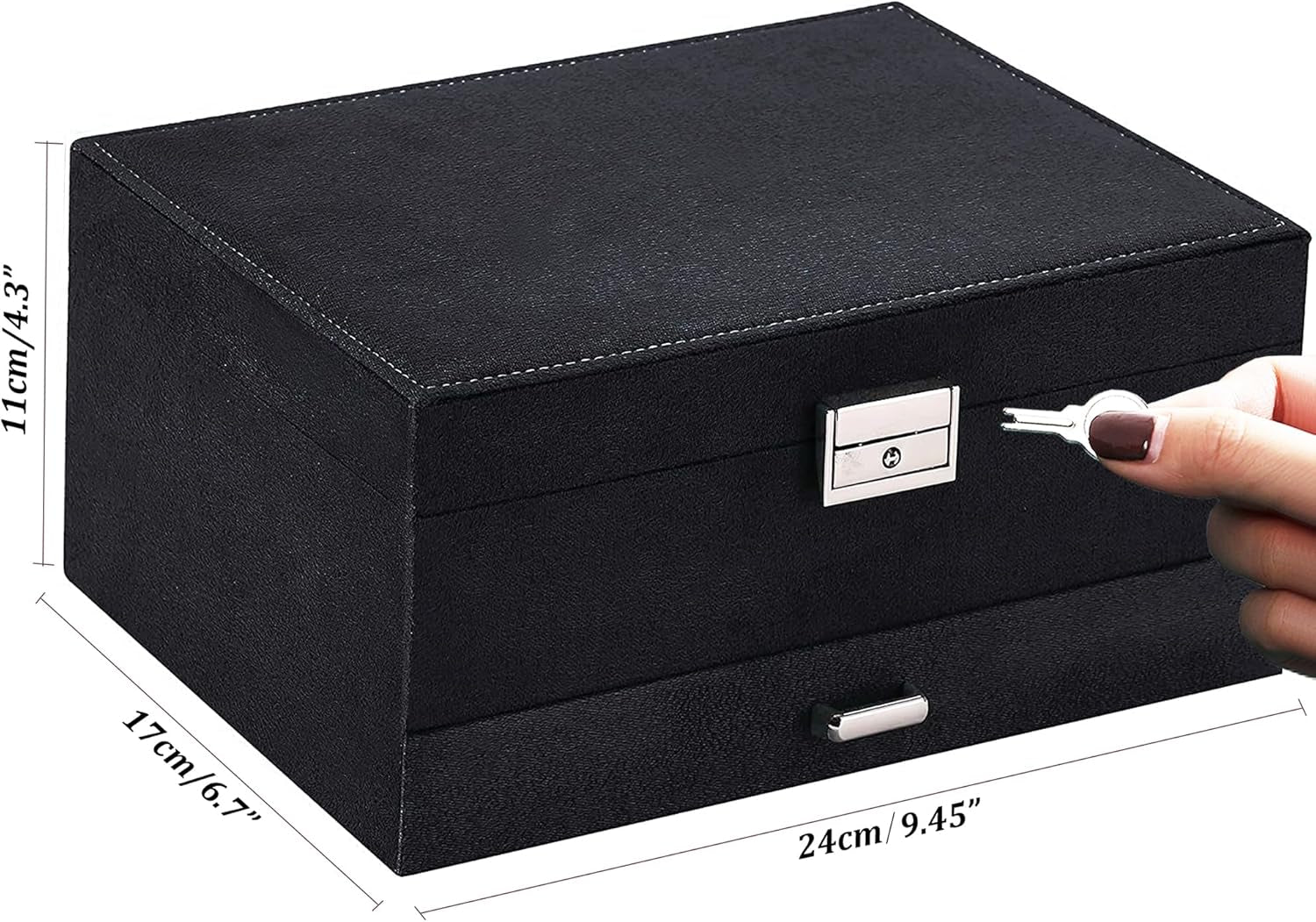 Jewelry Box for Women with Drawer, 3-Layer Large Jewelry Organizer with Lock & Key, 8 Necklace Hooks & 56 Earring Holes, Black Velvet Jewelry Storage Box for Necklaces Earrings Rings Bracelets