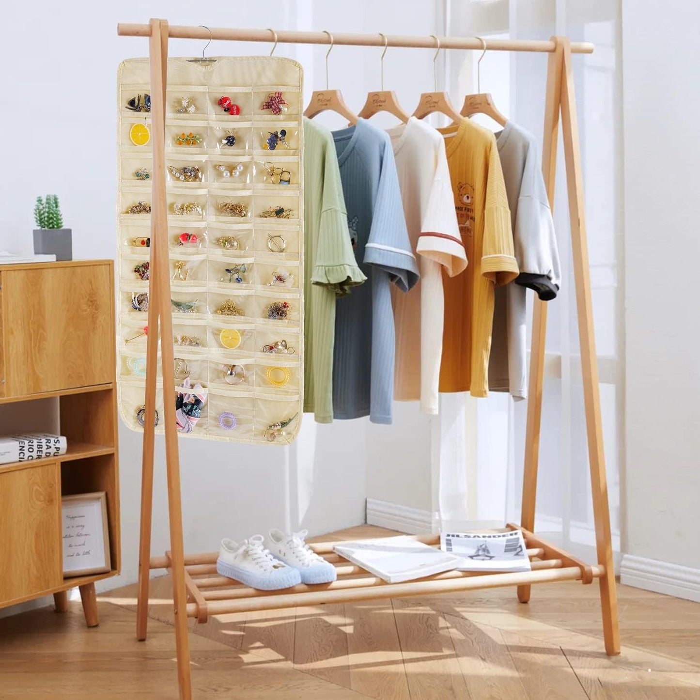 Hanging Jewelry Organizer, Double Sided 80 Pocket Chain Storage Bag - Modern Beige