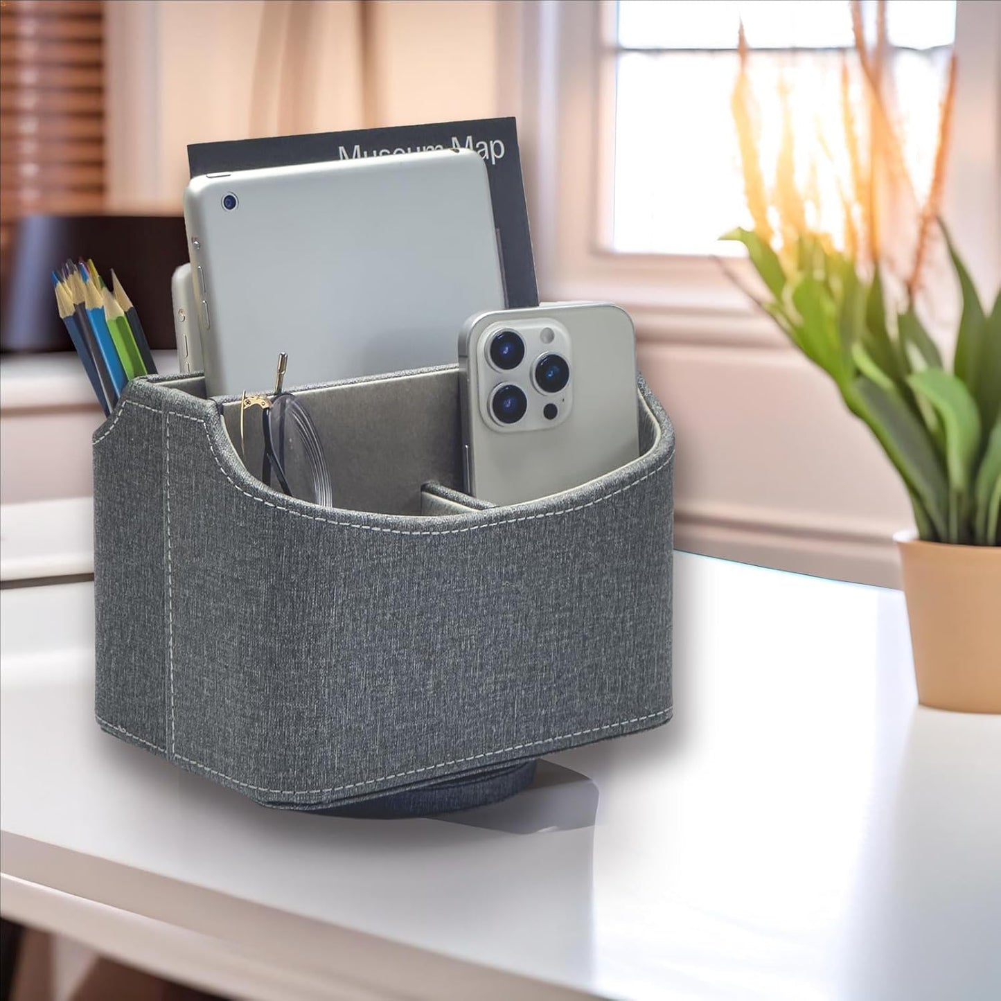 Rotating Desk Organizer, 360 Desk Spinning Caddy, Desktop TV Guide/Mail/Media/Remote Controller Holder Organizer, Barry Grey
