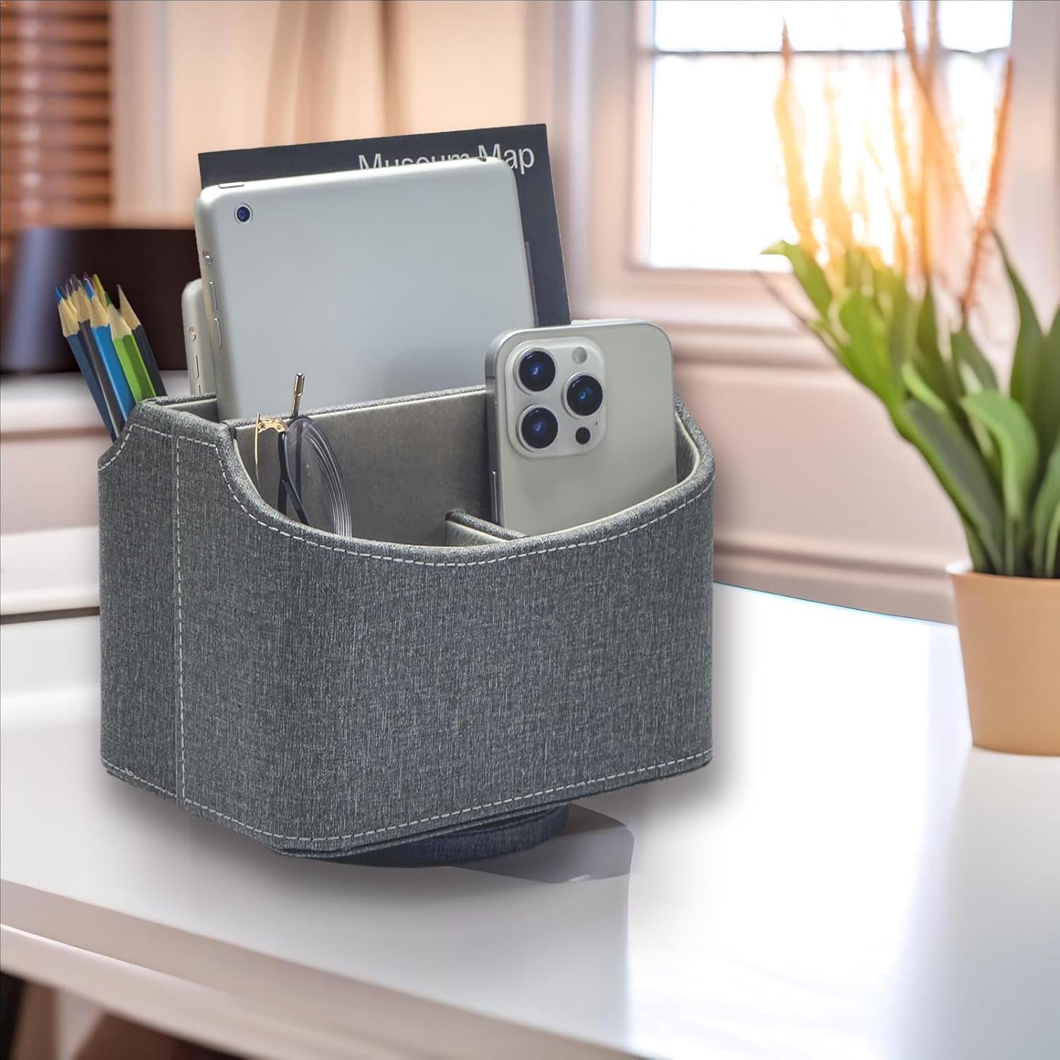 Rotating Desk Organizer, 360 Desk Spinning Caddy, Desktop TV Guide/Mail/Media/Remote Controller Holder Organizer, Barry Grey