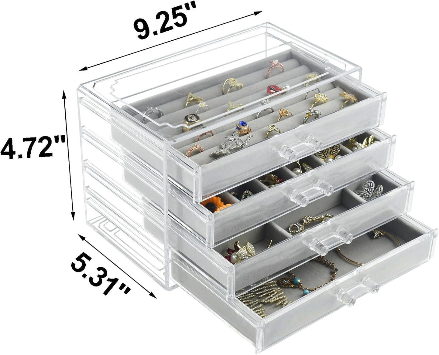 Acrylic Jewelry Organizer, Clear Jewelry Box with 4 Drawers, Jewelry Case Storage for Women (Gray)
