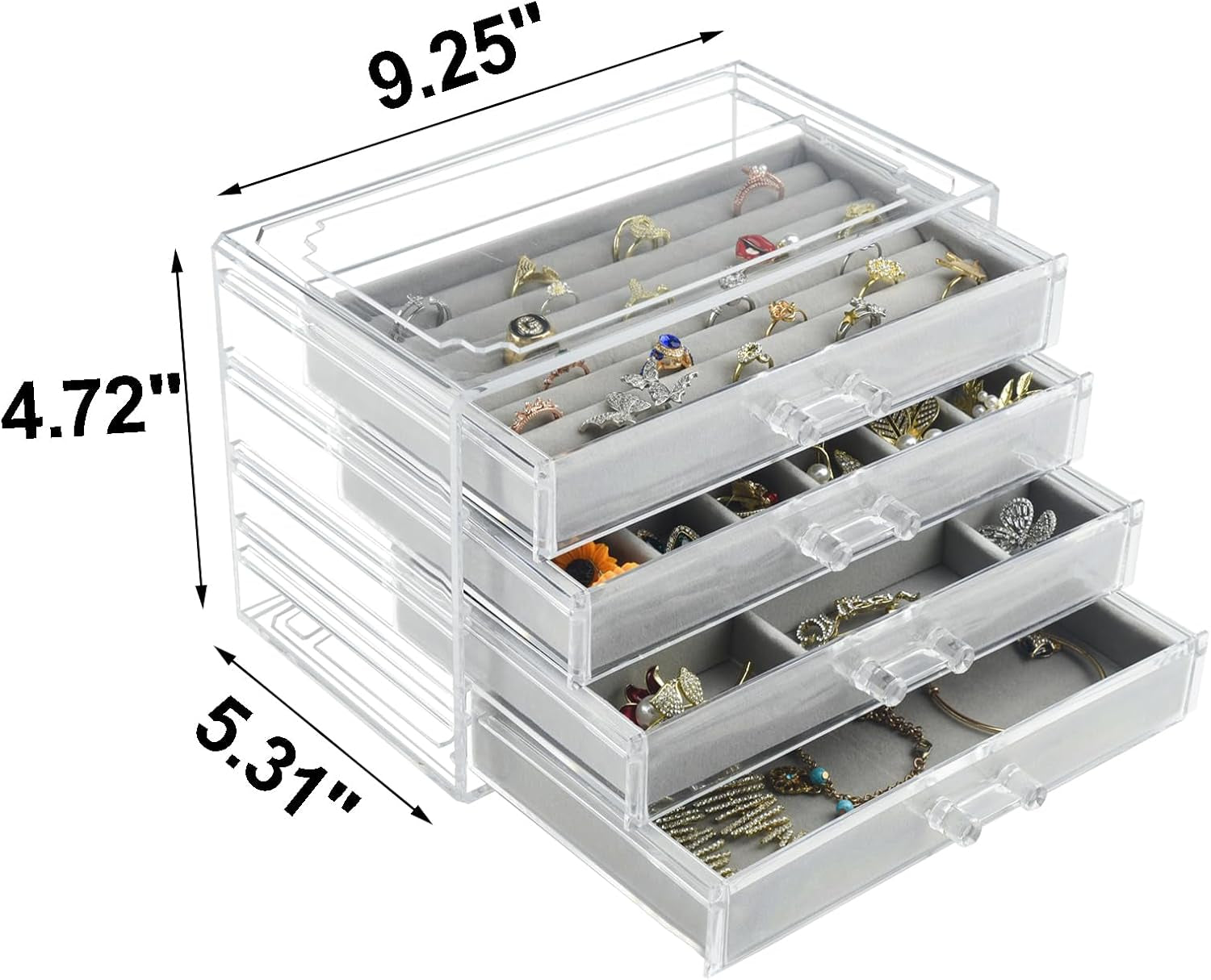 Acrylic Jewelry Organizer, Clear Jewelry Box with 4 Drawers, Jewelry Case Storage for Women (Gray)