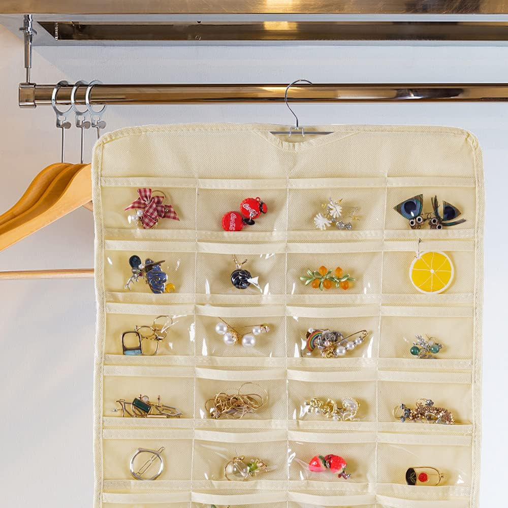 Hanging Jewelry Organizer, Double Sided 80 Pocket Chain Storage Bag - Modern Beige