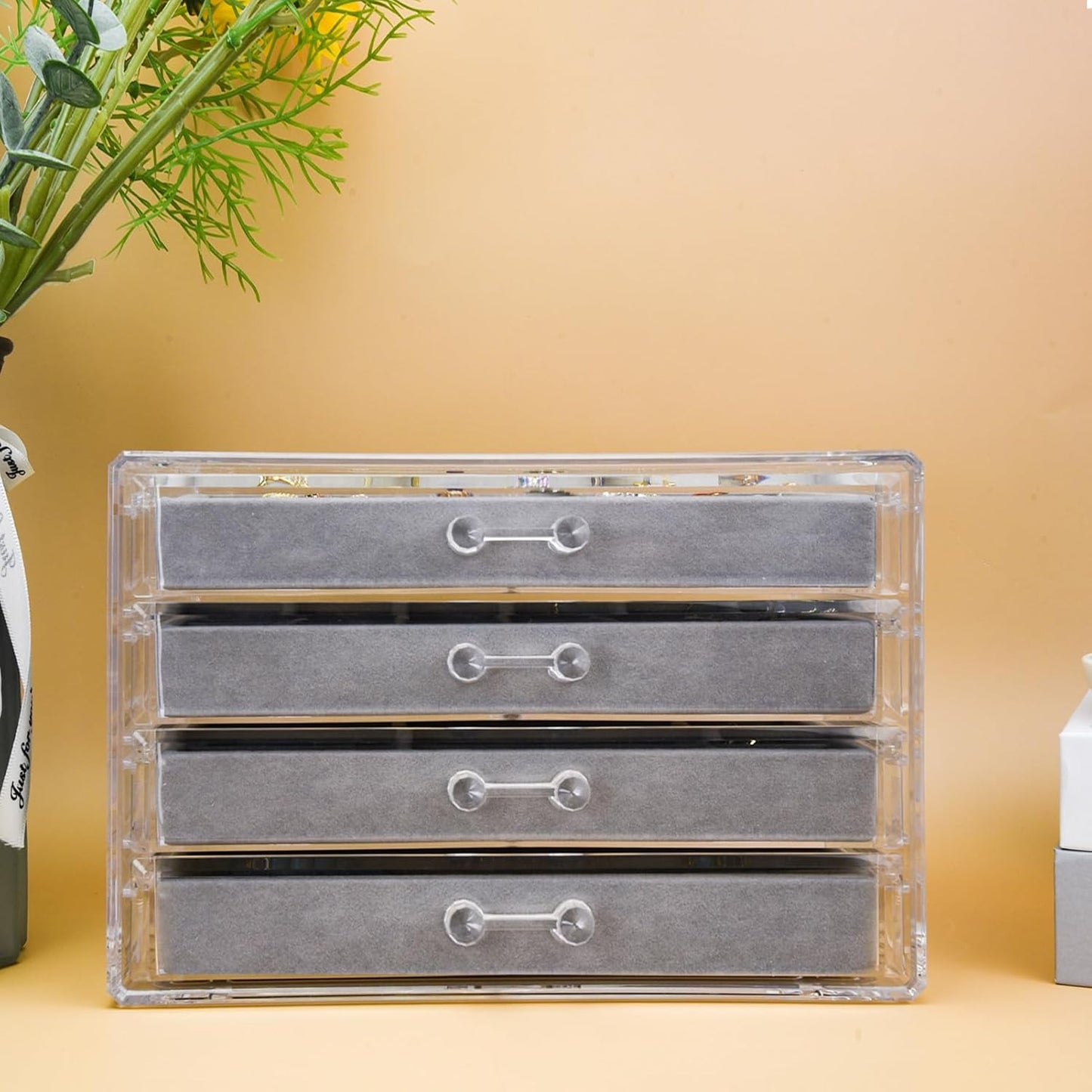 Acrylic Jewelry Organizer, Clear Jewelry Box with 4 Drawers, Jewelry Case Storage for Women (Gray)