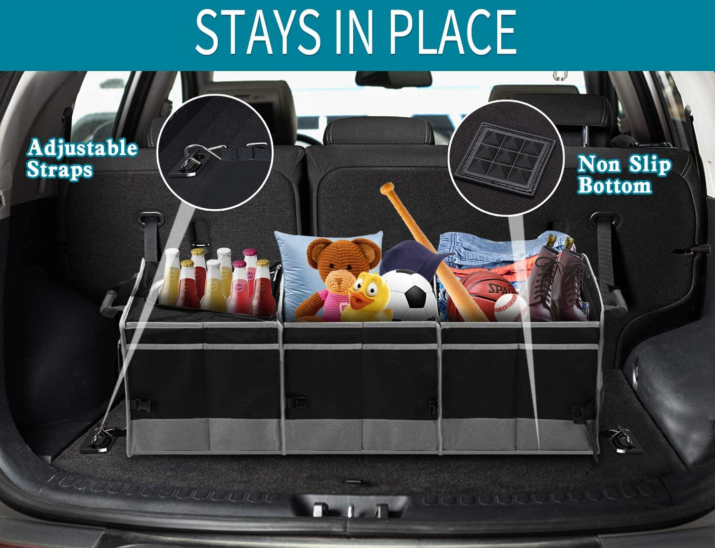 Trunk Organizer with Cooler, Collapsible Trunk Storage Container with Non Slip Bottom Strips, Large Multi-Compartment Waterproof Car Trunk Organizer Groceries for Vehicle Sedan, Suv, Truck,Van(Black)