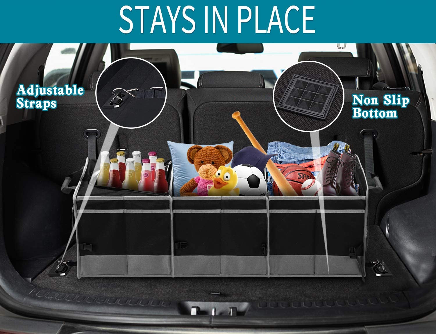 Trunk Organizer with Cooler, Collapsible Trunk Storage Container with Non Slip Bottom Strips, Large Multi-Compartment Waterproof Car Trunk Organizer Groceries for Vehicle Sedan, Suv, Truck,Van(Black)