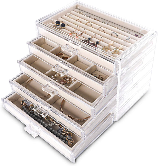Extra Large Acrylic Jewelry Box for Women Girls 5 Layers Clear Velvet Earring Organizer with 5 Drawers Rings Display Case Necklaces Holder Tray (Beige)